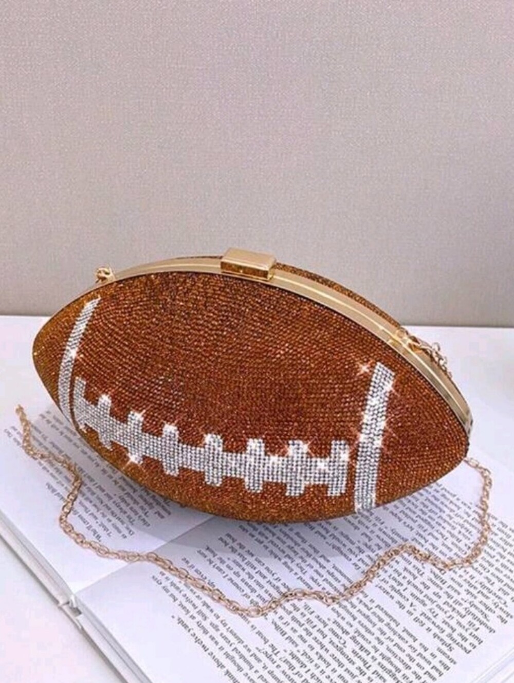 Coffee Brown Football Crystal Clutch Bag - Evening Shoulder Chain